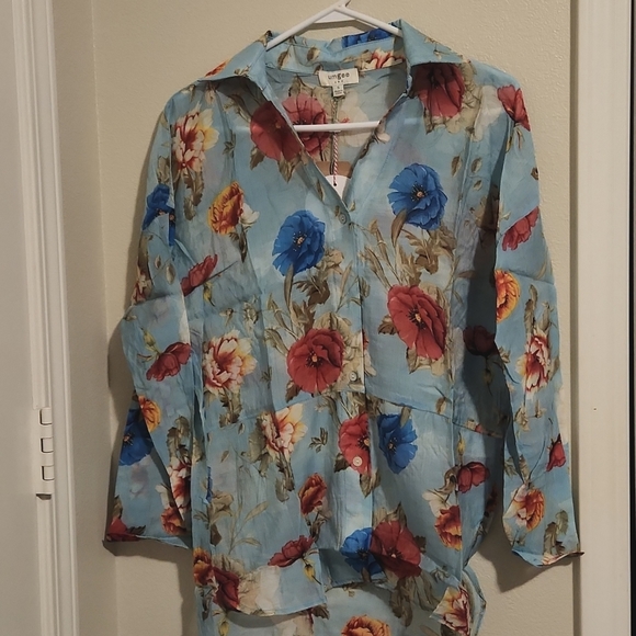 Umgee Aqua & Red Floral Roll-Tab Peplum Button-Up Size Small - Picture 2 of 6